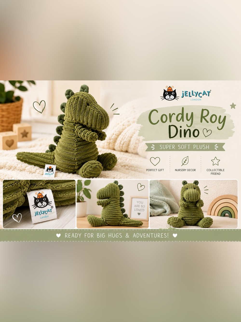Jellycat Cordy Roy Dino Dinosaur Plush Green Stuffed Animal Toy 12” Soft Lovey